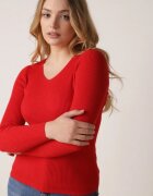 j&x Pulover roșu cambrat din tricot reiat cu bumbac cu decolteu în V Tesma