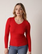 j&x Pulover roșu cambrat din tricot reiat cu bumbac cu decolteu în V Tesma
