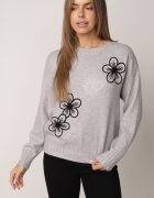 j&x Pulover simplu din lână decorat cu flori din fire de lână Grilena Gri
