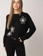 j&x Pulover simplu din lână decorat cu flori din fire de lână Grilena Negru