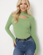j&x Pulover tip golf Verde din Tricot reiat și cu Decupaj la Decolteu Saare