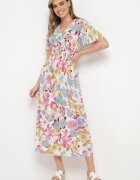 j&x Rochie Alb-Roz cu flori cu decolteu petrecut și elastic în talie Lomanda