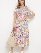 j&x Rochie Alb-Roz cu flori cu decolteu petrecut și elastic în talie Lomanda