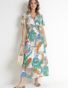 j&x Rochie Alb-Verde cu Decolteu petrecut și Talie elastică Kensy