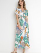j&x Rochie Alb-Verde cu Decolteu petrecut și Talie elastică Kensy