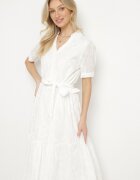 j&x Rochie Albă Din bumbac Ajurată Cu croială tip cămașă Cu curea Divione