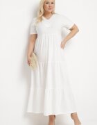 j&x Rochie Albă Evazată cu Mânecă Scurtă și Broderii Decorative Guletta