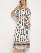 j&x Rochie Albă Tip Cutie din Viscoză cu Model Etnic Mirosela