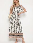 j&x Rochie Albă Tip Cutie din Viscoză cu Model Etnic Mirosela