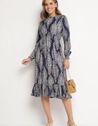 j&x Rochie Albastră cu Croială Cloș cu Elastic în Talie cu Model Etnic