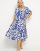 j&x Rochie Albastră Evazată din Viscoză cu Model Geometric Emisova