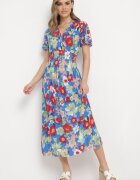 j&x Rochie Albastră Florală cu decolteu petrecut și talie elastică Lomanda