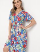 j&x Rochie Albastră Florală cu decolteu petrecut și talie elastică Lomanda