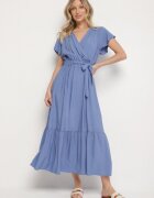 j&x Rochie Albastră Vâscoză cu Decolteu Petrecut cu Cordon Savorlisse