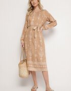 j&x Rochie Bej cu Imprimeu Boho Croială dreaptă cu Cordon în Talie Lisanea