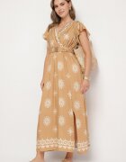 j&x Rochie bej cu model ornamental și curea elastică Tosvanna