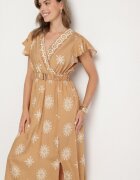 j&x Rochie bej cu model ornamental și curea elastică Tosvanna