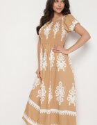 j&x Rochie bej închis cu croială spaniolă Decorată cu model oriental Aravine