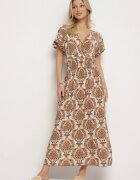 j&x Rochie Bej închis cu Model Etnic cu Volane și Elastic în Talie Ellivira