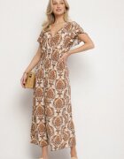 j&x Rochie Bej închis cu Model Etnic cu Volane și Elastic în Talie Ellivira