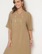 j&x Rochie Bej închisă Dreaptă cu nasturi și broderii decorative Jenivanea
