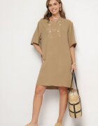 j&x Rochie Bej închisă Dreaptă cu nasturi și broderii decorative Jenivanea