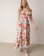 j&x Rochie Bej-Roz Vascoză cu Imprimeu Floral cu Bretele Volan și Centură din Material Moemia