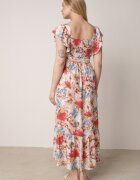 j&x Rochie Bej-Roz Vascoză cu Imprimeu Floral cu Bretele Volan și Centură din Material Moemia