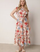 j&x Rochie Bej-Roz Vascoză cu Imprimeu Floral cu Bretele Volan și Centură din Material Moemia