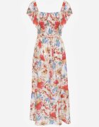 j&x Rochie Bej-Roz Vascoză cu Imprimeu Floral cu Bretele Volan și Centură din Material Moemia