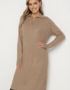 j&x Rochie bej tricotată croi drept din bumbac și lână decorată cu fermoar Reimia