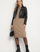 j&x Rochie bej tricotată croi drept din bumbac și lână decorată cu fermoar Reimia