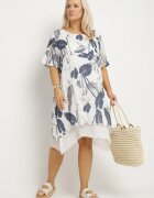 j&x Rochie Bleumarin-Albă cu Flori cu Căptușeală de Bumbac Mailionis