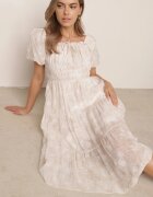 j&x Rochie brodată tip hispanică din vâscoză cu mâneci bufante Evina Bej deschis