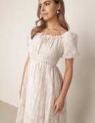 j&x Rochie brodată tip hispanică din vâscoză cu mâneci bufante Evina Bej deschis