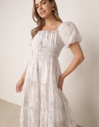 j&x Rochie brodată tip hispanică din vâscoză cu mâneci bufante Evina Gri deschis