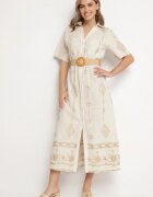j&x Rochie Cămașă Bej din Bumbac cu Cordon Decorativ și Broderie Evialisse