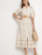 j&x Rochie Cămașă Bej din Bumbac cu Cordon Decorativ și Broderie Evialisse