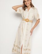 j&x Rochie Cămașă Bej din Bumbac cu Cordon Decorativ și Broderie Evialisse