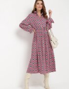 j&x Rochie-cămașă Fucsia Evazată cu Imprimeu Geometric Larissam