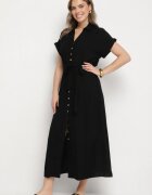 j&x Rochie Cămașă Neagră din Vâscoză și In Legată în Talie cu Buzunare Efrasira