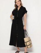 j&x Rochie Cămașă Neagră din Vâscoză și In Legată în Talie cu Buzunare Efrasira
