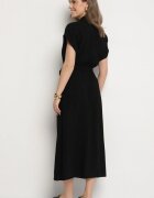j&x Rochie Cămașă Neagră din Vâscoză și In Legată în Talie cu Buzunare Efrasira