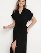 j&x Rochie Cămașă Neagră din Vâscoză și In Legată în Talie cu Buzunare Efrasira