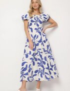 j&x Rochie Cloche Albastră cu corsaj elastic și mâneci bufante Orrivene