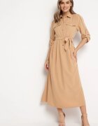 j&x Rochie Cloș Maxi Bej cu bluză tip cămașă și cordon Indiga