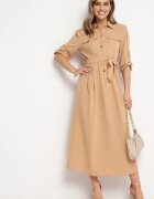 j&x Rochie Cloș Maxi Bej cu bluză tip cămașă și cordon Indiga