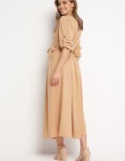 j&x Rochie Cloș Maxi Bej cu bluză tip cămașă și cordon Indiga