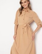 j&x Rochie Cloș Maxi Bej cu bluză tip cămașă și cordon Indiga