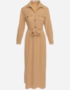 j&x Rochie Cloș Maxi Bej cu bluză tip cămașă și cordon Indiga